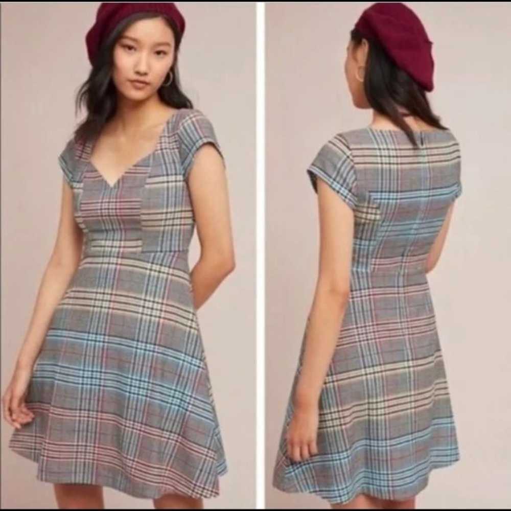 Moulinette Soeurs Gray Plaid Fit-and-Flare Mini Dress with Blue and Pink Accents